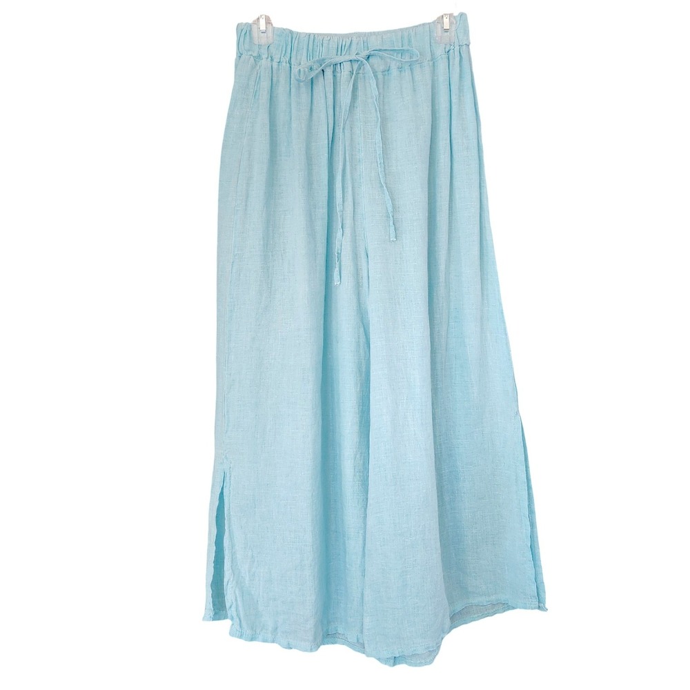 Tempo Paris Womens Wide Leg Crop Linen Pants Blue Boho Lagenlook Medium Sky Teal